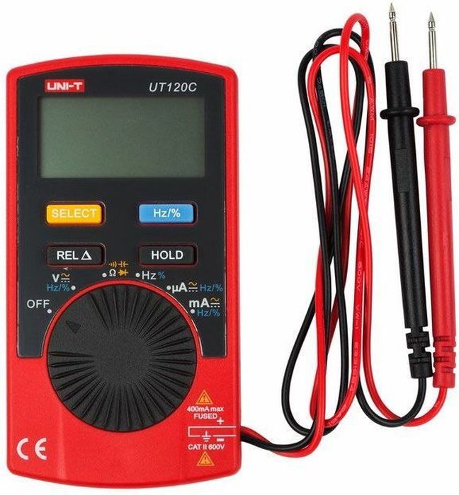 Портативный мультиметр Unit UT120C13-0019 Портативный мультиметр Unit UT120C13-0019Мультиметр - электроизмерительный прибор который включает в себя несколько функций и набор измеряемых параметров. Приборы 120 серии являются компактными мультиметрами, являющими собой логическое развитие 10 серии. Теперь по настоящему компактные мультиметры способны поддерживать гораздо более широкий диапазон измерений. Несмотря на свой компатный размер, они включают в себя отличный набор функций. В мультиметре 120С есть функии измерения напряжения, сопротивления, частоты, емкости, функция автоматического отключения и удержания данных. Также в комплекте поставляется защитный бокс и щупы. Калибровка и тестирование приборов произведено под контролем компании REXANT INTERNATIONAL.Технические характеристики:- Постоянное напряжение: 4 B / 40 B / 400 B / 600 В.- Переменное напряжение: 4 B / 40 B / 400 B / 600 В.- Постоянный ток: 400 мкА / 4 мА / 40 мА / 400 мА.- Переменный ток: 400 мкА / 4 мА / 40 мА / 400 мА.- Сопротивление: 400 Ом / 4 кОм / 40 кОм / 400 кОм / 4 МОм / 40 МОм.- Емкость: 4 нФ / 40 нФ / 400 нФ / 4 мкФ / 40 мкФ / 100 мкФ.- Частота: 10 Гц ~ 10 МГц.- Коэффициент заполнения: 0.1% ~ 99.9%.Основные функциональные особенности- Разрядность дисплея - до 4000.- Прозвонка межсоединений со звуковым сигналом.- Проверка диодов.- Индикация разряда батареи, автоматическое отключение.- Сохранение показаний (DATA HOLD).- Автоматическое переключение диапазонов измерения.- Режим относительных измерений.- Питание: 1 х 3 В (CR2032).