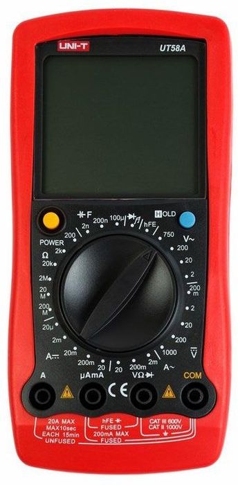 Универсальный мультиметр UT 58A13-1020 Универсальный мультиметр UT 58A13-1020UT58A - это профессиональный мультиметр с современный и эргономичным дизайном. Предназначен прибор, для измерений постоянного и переменного напряжения, сопротивления, постоянного и переменного тока. Кроме того он имеет функции измерения электрической емкости, а так же с его помощью вы сможете тестировать диоды и проводить прозвонку целостности цепи. Данный прибор обладает высоким классом точности показаний. Дисплей прибора оснащен подсветкой, которая позволяет проводить измерения даже в слабоосвещенных местах. Широкий функционал мультиметра UT50A позволяет обходиться без других вспомогательных устройств. Прибор оснащен функцией Data hold, и зафиксировав результат измерений, вы в любое время сможете считать полученный значение. Прибор изготовлен из высококачественных материалов. Калибровка и тестирование приборов произведено под контролем компании REXANT INTERNATIONAL. Инженеры старались сделать прибор максимально удобным для использования, и сужение в нижней области корпуса позволяет удобнее располагать прибор в одной руке, а шероховатость корпуса предотвращает выскальзывание. Все переключения удобно производить даже одной рукой но несмотря на это у прибора усиленный поворотный регулятор, благодаря которому исключается возможность случайного нажатия. Характеристики: Постоянное напряжение: 200мВ/2В/20В/200В/1000В: ± (0. 5% + 1) Переменное напряжение: 2В/20В/200В/750В: ±(0.8%+3) Постоянный ток: 20?a / 2 мА / 20мA / 200 мА / 20А (0,8%+1) Переменный ток: 2 мА / 200 мА / 20А (1%+3) Сопротивление: 200Oм/2kOм/20kOм/2мOм/20мOм/200мOм (0,8%+1) Емкость: 2нФ/200нФ/100мФ (4%+3) Дисплей: 2000 Ручная установка диапазона измерений Тестирование диодов Авто выключение Режим удержания измерений Data hold Прозвонка целостности цепиИндикатор разряда батареи Импеданс: около 10МОм Размер (мм): 179 x 88 x 39Тип батареи: 9В батарея.