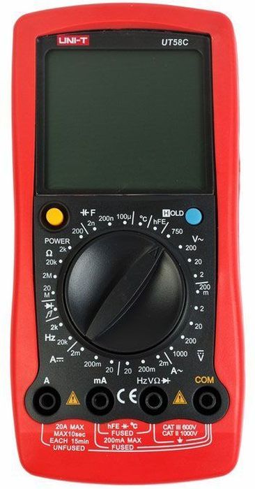 Универсальный мультиметр UT 58C13-1023 Универсальный мультиметр UT 58C13-1023UT58C- это профессиональный мультиметр с современный и эргономичным дизайном. Предназначен прибор, для измерений постоянного и переменного напряжения, сопротивления, постоянного и переменного тока. Кроме того он имеет функции измерения электрической емкости, частоты температуры, а так же с его помощью вы сможете тестировать диоды и проводить прозвонку целостности цепи. Данный прибор обладает высоким классом точности показаний. Дисплей прибора оснащен подсветкой, которая позволяет проводить измерения даже в слабоосвещенных местах. Широкий функционал мультиметра UT50C позволяет обходиться без других вспомогательных устройств. Прибор оснащен функцией Data hold, и зафиксировав результат измерений, вы в любое время сможете считать полученный значение. Прибор изготовлен из высококачественных материалов. Калибровка и тестирование приборов произведено под контролем компании REXANT INTERNATIONAL. Инженеры старались сделать прибор максимально удобным для использования, и сужение в нижней области корпуса позволяет удобнее располагать прибор в одной руке, а шероховатость корпуса предотвращает выскальзывание. Все переключения удобно производить даже одной рукой но несмотря на это у прибора усиленный поворотный регулятор, благодаря которому исключается возможность случайного нажатия.Характеристики:Постоянное напряжение: 200мВ/2В/20В/200В/1000В: ± (0. 5% + 1)Переменное напряжение: 2В/20В/200В/750В: ±(0.8%+3)Постоянный ток: 20?a / 2 мА / 20мA / 200 мА / 20А (0,8%+1) Переменный ток: 2 мА / 200 мА / 20А (1%+3) Сопротивление: 200 Oм/2kOм/20kOм/20мOм (0,8%+1) Емкость: 2нФ/200нФ/100мФ (4%+3) Частота (Гц): 2 кГц / 20 кГц ± (1. 5% + 5)Температура: -40°C ~ +1000°C / -40°F ~ +1832°F (1%+4)Дисплей: 2000 Ручная установка диапазона измерений Тестирование диодов Авто выключение Режим удержания измерений Data hold Прозвонка целостности цепиИндикатор разряда батареи Импеданс: около 10МОм Размер (мм): 179*88*39Тип батареи: 9В батарея