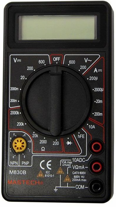 Мультиметр портативный Mastech M830B13-2001 Мультиметр портативный Mastech M830B13-2001Мультиметр портативный Mastech - электроизмерительный прибор, который включает в себя несколько функций и набор измеряемых параметров. Все приборы данной серии измеряют постоянное и переменное напряжение, постоянный ток и сопротивление в цепи. А так же с помощью данного прибора можно проводить тестирование диодов. Прибор является портативным мультиметром, компактные размеры позволяют всегда носить его с собой. Но, несмотря на малые размеры, данный мультиметр обладает широким функционалом и это выгодно отличает его от других. Инженеры старались сделать прибор максимально удобным для использования. Выбор измеряемых величин и пределов измерений производиться с помощью усиленного поворотного регулятора, благодаря которому исключается возможность случайного нажатия. Прибор изготовлен из высококачественных материалов, калибровка и тестирование приборов произведено под контролем компании REXANT INTERNATIONAL.Характеристики:Постоянное напряжение: 200mВ/2В/20м/200В (±0,5%), 600В (±0.8%).Переменное напряжение: 200В/600В (±1,2%).Постоянный ток: 200мкА/2мА/20мА (±1.0%), 200мА (±1.5%), 10A (±3.0%).Сопротивление: 200Ом/2КОм/20КОм/200Ком (±0.8%), 2Мом (±1%). Коэффициент усиления транзисторов h21: до 1000.Дисплей: 3х разрядный.Размер (см): 7 х 12,6 х 2,4.Тип батареи: : 9В типа Крона.Вес: 170 г.