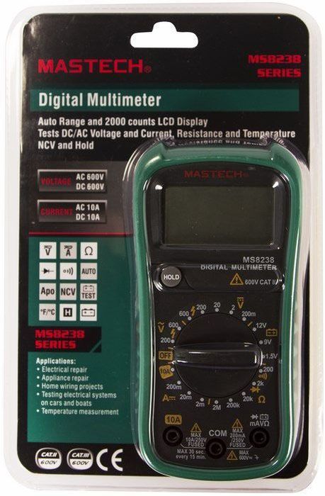 Мультиметр универсальный Mastech MS823813-2026 Мультиметр универсальный Mastech MS823813-2026Мультиметр - электроизмерительный прибор, который включает в себя несколько функций и набор измеряемых параметров. Все приборы данной серии измеряют постоянное и переменное напряжение, а так же постоянный ток и сопротивление в цепи. А так же с помощью данного прибора можно проводить тестирование диодов и осуществлять прозвонку целостности цепи.Прибор является портативным мультиметром, компактные размеры позволяют всегда носить его с собой. Но, несмотря на малые размеры, данный мультиметр обладает широким функционалом и это выгодно отличает его от других. Прибор имеет функцию удержания результата измерений Data hold, для тех случаев, когда измерения проводятся в труднодоступных местах и не всегда есть возможность взглянуть на экран.Инженеры старались сделать прибор максимально удобным для использования. Выбор измеряемых величин и пределов измерений производиться с помощью усиленного поворотного регулятора, благодаря которому исключается возможность случайного нажатия. Прибор изготовлен из высококачественных материалов, калибровка и тестирование приборов произведено под контролем компании REXANT INTERNATIONAL.Характеристики:Постоянное напряжение: 200мВ/2В/20В/200В (±0,5%+2), 600В (±0,8%+5).Переменное напряжение: 200В/600В (1,0%+5).Постоянный ток: 200мA (±0,8%+3), 10А (±1,5%+3).Сопротивление: 200Ом/2КОм/20КОм/200КОм/2МОм (±0,8%+4). Дисплей: 4х разрядный. Электрический импеданс: менее 50 Ом.Размер (см): 18,8 х 9,3 х 5.Тип батареи: 9В типа Крона.