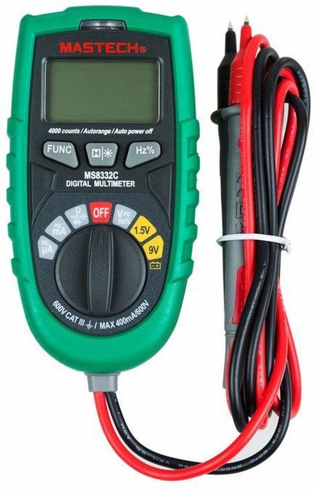 Мультиметр универсальный Mastech MS8332C13-2030 Мультиметр универсальный Mastech MS8332C13-2030Универсальный цифровой мультиметр последнего поколения Mastech предназначен для измерения переменного и постоянного тока AC/DC, переменного и постоянного напряжения AC/DC, а также сопротивления, емкости, частоты и скважности. Мультиметр оснащен функциями автоматического выбора диапазона измерения, тестирования диодов и проверки целостности цепи.Особенности: • Функции измерений: ток AC/DC, напряжение AC/DC, сопротивление, скважность, частота, емкость. • Функция автоматического выбора диапазона измерения. • Функция удержание текущих результатов измерения. • Яркая подсветка ЖКИ дисплея. • Тестирование диодов. • Функция прозвонки цепи. • Функция автоматического отключения питания при длительном простое прибора. • Индикатор низкого заряда батареи. • Соответствие стандартам безопасности: CAT.III 600V RoHS.Характеристики: Напряжение DC: 400мВ / 4В / 40В / 400В 0,8%+3 е.м.р. 600В 1,0%+5 е.м.р. Напряжение AC: 4В / 40В / 400В 1,0%+3 е.м.р. 600В 1,5%+5 е.м.р. Ток DC: 400мкА / 4мА / 40мА / 400мА. 1,8%+5 е.м.р. Ток AC: 400мкА / 4мА / 40мА / 400мА 2,0%+5 е.м.р. Сопротивление: 400Ом / 4кОм / 40кОм / 400кОм / 4MОм. 1,0%+3 е.м.р. 400MОм 1,2%+15 е.м.р. Частота: 10 - 5 МГц 1,5%+15 е.м.р. Емкость: 4 нФ 5,0%+0,6 е.м.р. 40нФ / 400нФ 4,0%+15 е.м.р. 4мкФ / 40мкФ / 100 мкФ 5,0%+25 е.м.р. Скважность: от 5 % до 95 %. Количество отсчетов: 6000. Питание батареи: 2 шт, х 1,5 В типа AAA. Размер (см): 12,2 x 6,1 x 4,1. Масса: 183 г.