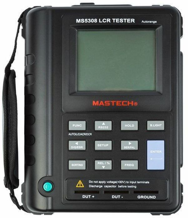 Мостовой высокоточный измеритель Mastech MS530813-2039 Мостовой высокоточный измеритель Mastech MS530813-2039MS5308 высокоточный портативный измеритель LCR MASTECH — радиоизмерительный прибор, предназначенный для определения параметров полного сопротивления или полной проводимости электрической цепи. Название прибора складывается из измеряемых прибором величин: R — Сопротивление, С — емкость, L — Индуктивность. Иммитанс — обобщающее понятие для полного (комплексного) сопротивления — импеданса и полной (комплексной) проводимости — адмиттанса. Прибор изготовлен из высококачественных материалов. Калибровка и тестирование приборов произведено под контролем компании REXANT INTERNATIONAL.Характеристики: - Индуктивность: 0.001 мкГн ~ 20000 Гн. - Емкость: 0.01 пФ ~ 20000 мкФ. - Сопротивление: 0.001 Ом ~ 200 МОм. - ESR: 0.01 Ом ~ 999.9 Ом. Функциональные возможности - Две шкалы на дисплее: 19999 отсчетов для L, C, R / 1999 отсчетов для D, Q и ESR. - Подсветка дисплея. - Частоты измерения: 100 Гц, 120 Гц, 1 кГц, 10 кГц, 100 кГц. - Измерение параметров: Ls/Lp; Cs/Cp; Rs/Rp; D,Q,ESR, фаза, импеданс. - Автоматическое отключение питания. - Интерфейс USB (ПО и кабель в комплекте). - Питание: 8 х 1.5 В (тип AA) и 1 х 9 В (тип 6F22, 6LR61, Крона).