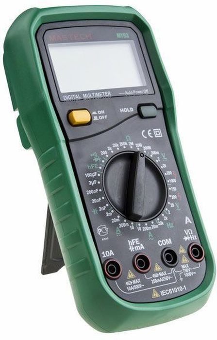 Мультиметр универсальный Mastech MY6313-2051 Мультиметр универсальный Mastech MY6313-2051Мультиметр - электроизмерительный прибор, который включает в себя несколько функций и набор измеряемых параметров. Все приборы данной серии измеряют постоянное и переменное напряжение, а так же постоянный ток и сопротивление в цепи. А так же с помощью данного прибора можно проводить тестирование диодов и осуществлять прозвонку целостности цепи.Прибор является портативным мультиметром, компактные размеры позволяют всегда носить его с собой. Но, несмотря на малые размеры, данный мультиметр обладает широким функционалом и это выгодно отличает его от других. Прибор имеет функцию удержания результата измерений Data hold, для тех случаев, когда измерения проводятся в труднодоступных местах и не всегда есть возможность взглянуть на экран.Инженеры старались сделать прибор максимально удобным для использования. Выбор измеряемых величин и пределов измерений производиться с помощью усиленного поворотного регулятора, благодаря которому исключается возможность случайного нажатия. Прибор изготовлен из высококачественных материалов, калибровка и тестирование приборов произведено под контролем компании REXANT INTERNATIONAL. Комплект поставки: мультиметр, чехол, инструкция. Характеристики: Разрядность шкалы мультиметра: 2000 отсчетов. Постоянное напряжение: 200мВ/2В/20В/200В (±0.5%), 1000В ( ±0.8%). Переменное напряжение: 200мВ (±1.2%), 2В/20В/200В (±0.8%), 700В (±1.2%). Постоянный ток: 2мА/20мА (±0.8%), 200мА (±1.5%), 10А (±2.0%). Переменный ток: 2мА/20мА (±1.0%), 200мА (±0.8%), 10А (±3%). Сопротивление: 200Ом/2кОм/20кОм/200кОм/2МОм (±0.8%), 20МОм (±1.0%), 200МОм (±5.0%). Емкость конденсаторов: 2000нФ/20нФ/200нФ/2мкФ/20мкФ (±4.0%). Частота: 2кГц (±2.0%), 20кГц (±1.5%). Коэффициент усиления транзисторов(hFE): от 1 до 1000.