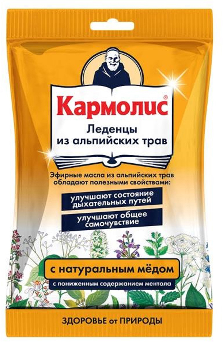 Кармолис леденцы с медом 75г30979 Кармолис леденцы с медом 75г30979Кармолис леденцы с мёдом оказывают иммуномодулирующее, противовирусное, антисептическое, отхаркивающее, противовоспалительное, болеутоляющее, анксиолитическое, седативное, ветрогонное, желчегонное, спазмолитическое действие. Леденцы Кармолис созданы по старинному рецепту из 10 альпийских трав. Это уникальное мягкое лечебное средство, применяемое для лечения и профилактики простуды, при расстройстве желудка, упадке сил и т.д. Сфера применения: ОториноларингологияПротив гриппа и простуды