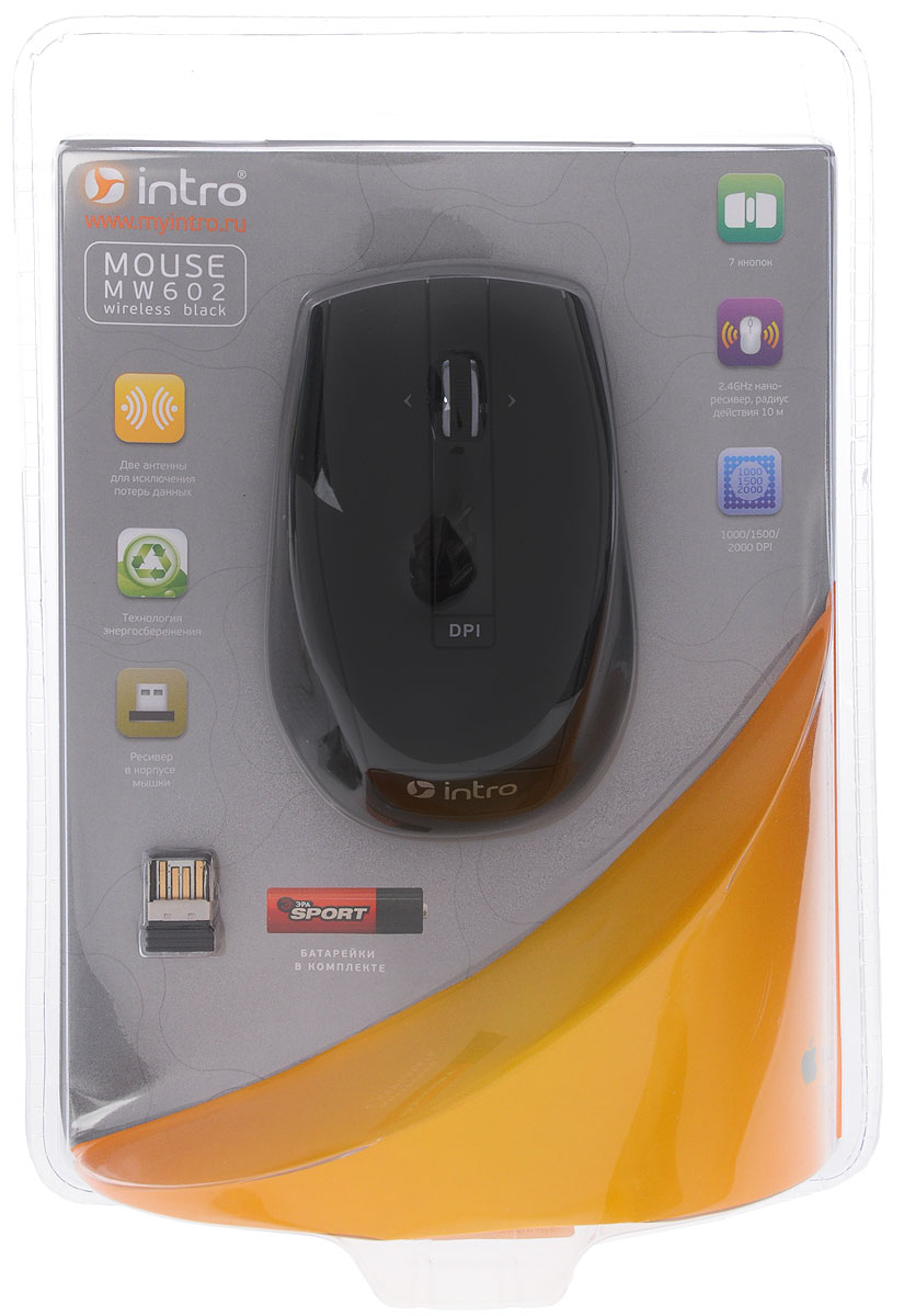 Intro MW602, Black мышь беспроводнаяMW602 Intro MW602, Black мышь беспроводнаяMW602Intro MW602 — это технологичная мышь, основным преимуществом которой является уникальная энергосберегающая технология. Кроме того, мышь способна к работе в интеллектуальном режиме определяя касание руки для моментального выхода из режима сна. Устройство может работать практически на любой поверхности. Оптический сенсор со сменным разрешением 1000/1500/2000 dpi обеспечивает максимально точное позиционирование курсора. Эргономичная форма позволяет мыши удобно расположиться в руке. Не требует установки драйверов, просто подключите и начинайте работу.
