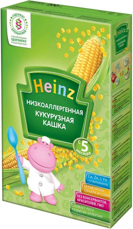 Heinz каша кукурузная низкоаллергенная, с 5 месяцев, 200 г79000266 Heinz каша кукурузная низкоаллергенная, с 5 месяцев, 200 г79000266Для 5-месячного ребёнка возьмите 30 г (4 столовые ложки) сухого продукта на 140 мл воды. Налейте в тарелочку указанное количество вскипячённой и остуженной до 40°С воды. Тщательно перемешивая, всыпьте рекомендуемое количество сухой каши до получения однородной консистенции. Не варите.Продукт может содержать незначительное количество глютена и молока.