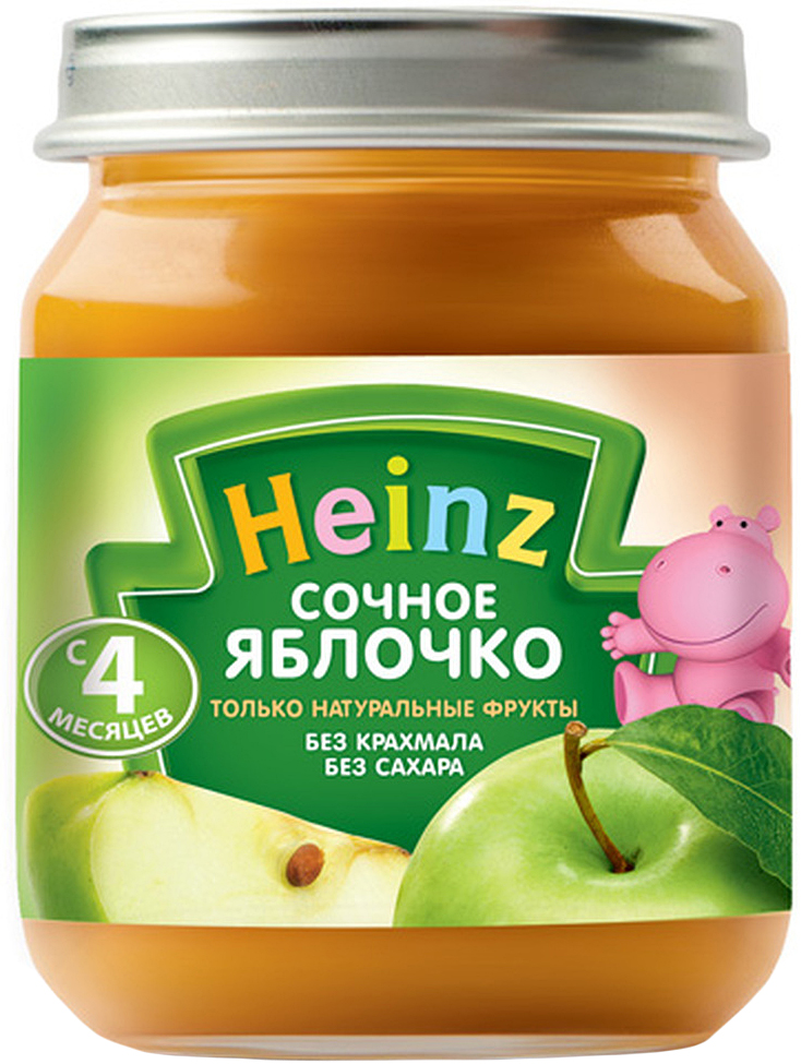 Heinz пюре сочное яблочко, с 4 месяцев, 120 г70144200 Heinz пюре сочное яблочко, с 4 месяцев, 120 г70144200Продукт готов к употреблению. Нужное количество подогреть, не добавляя сахара. Не разогревать повторно.