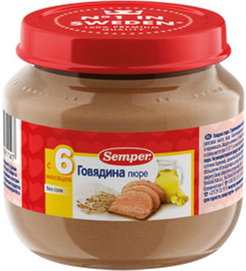 Semper пюре говядина, с 6 месяцев, 90 г40005 Semper пюре говядина, с 6 месяцев, 90 г40005Нежные и воздушные мясные монопюре Semper упакованы в маленькие баночки по 90 граммов и идеально подходят для введения мясного прикорма в рацион малыша. Пюре гомогенизированное, то есть по консистенции оно не отличается от уже привычных для ребёнка овощных пюре. Говядина — традиционное блюдо мясного прикорма, богатое белком и легкоусвояемым железом. Говядина способствует физическому развитию ребёнка и является естественной профилактикой железодефицитной анемии.