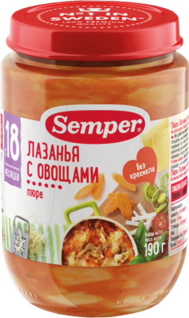 Semper пюре лазания с овощами, с 18 месяцев, 190 г24543 Semper пюре лазания с овощами, с 18 месяцев, 190 г24543Настоящая итальянская лазанья идеально подходит для разнообразия рациона ваших маленьких гурманов. Это вкусное и сбалансированное блюдо содержит мягкие и нежные кусочки овощей и пасты из твёрдых сортов пшеницы, которые способствуют развитию навыков жевания и помогут малышу плавно перейти ко взрослому столу.