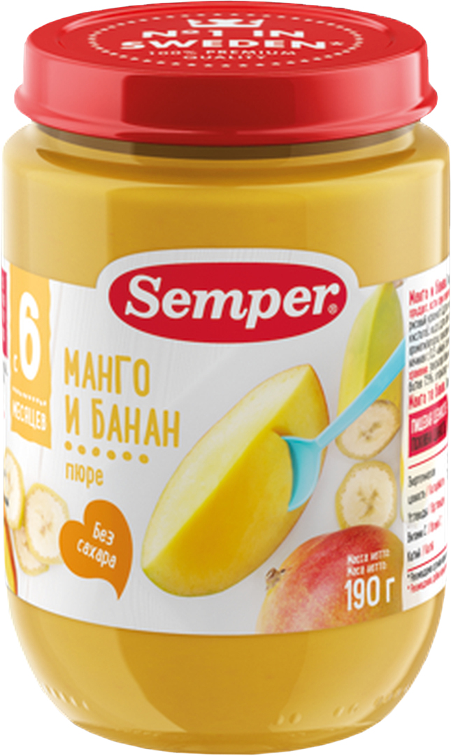 Semper пюре манго с бананом, с 6 месяцев, 190 г22513 Semper пюре манго с бананом, с 6 месяцев, 190 г22513Перед вкусом манго невозможно устоять — его натуральная сладость нравится всем малышам, а банан делает вкус пюре ещё более нежным. Калий, магний и бета-каротин, которыми богаты бананы и манго, способствуют укреплению сердечно-сосудистой системы и нормальному функционированию кишечника.