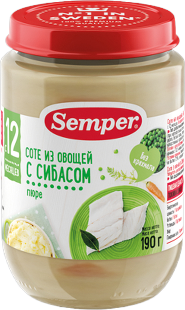 Semper пюре соте из овощей с сибасом, с 12 месяцев, 190 г25792 Semper пюре соте из овощей с сибасом, с 12 месяцев, 190 г25792Рыба богата полезными веществами, необходимыми для роста и полноценного развития детского организма. Но как понять, какую рыбу дать ребёнку, как правильно её приготовить? У Semper есть специальное, сбалансированное по своему составу блюдо с сибасом для малышей с 12-ти месяцев. Это нежное пюре с мягкими кусочками поможет маме разнообразить рацион ребёнка и познакомить его с полезной рыбой. Сибас - это диетическая рыба из благородных сортов, польза которой заключена в большом содержании Омега-3 жирных кислот и в легко усваиваемом белке. Поэтому она прекрасно подходит для детского питания. Тонкий вкус сибаса и соте из любимых овощей - это уникальный кулинарный шедевр от Semper!