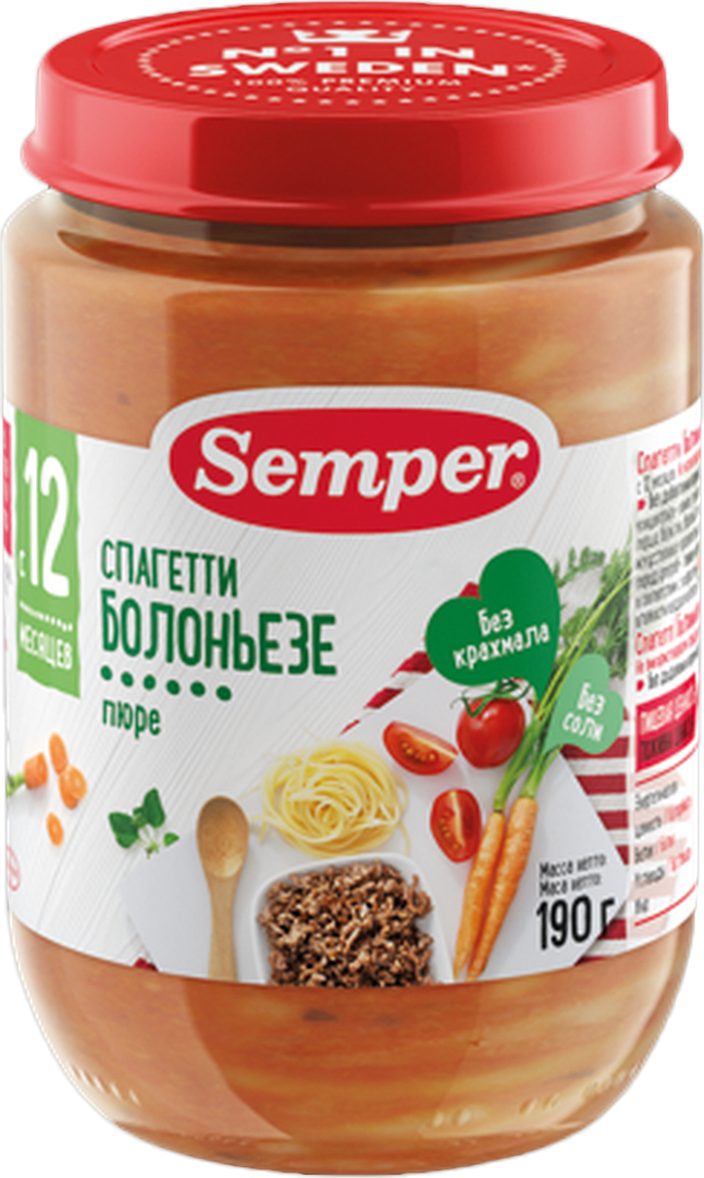 Semper пюре спагетти болоньезе, с 12 месяцев, 190 г22768 Semper пюре спагетти болоньезе, с 12 месяцев, 190 г22768Настоящее блюдо, как у взрослых, но приготовленное специально с учётом возрастных потребностей малышей с 12-ти месяцев. Спагетти болоньезе (пишем с маленькой буквы) — один из хитов Semper! В нём содержится пюре из говядины, нежные мягкие кусочки овощей и пасты, натуральные специи, подходящие для самых маленьких. Полноценый обед или ужин только из 100% натуральных ингредиентов.Уверены, ваш малыш обязательно оценит вкус этого удивительного блюда!
