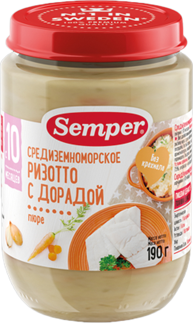 Semper пюре средиземноморское ризотто с дорадой, с 10 месяцев, 190 г25791 Semper пюре средиземноморское ризотто с дорадой, с 10 месяцев, 190 г25791Рыба богата полезными веществами, необходимыми для роста и полноценного развития детского организма. Но как понять, какую рыбу дать ребёнку, как правильно её приготовить? У Semper есть специальное, сбалансированное по своему составу блюдо с дорадой для малышей с 10-ти месяцев. Это нежное пюре с мягкими кусочками поможет маме разнообразить рацион ребёнка и познакомить малыша с полезной рыбой. Дорада — это диетическая нежирная рыба из благородных сортов, прекрасно подходящая для детского питания. Сочетание дорады со средиземноморксим ризотто делает это блюдо уникальным кулинарным шедевром от Semper!