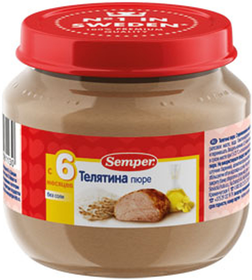 Semper пюре телятина, с 6 месяцев, 90 г40002 Semper пюре телятина, с 6 месяцев, 90 г40002Нежные и воздушные мясные монопюре Semper упакованы в маленькие баночки по 90 граммов и идеально подходят для введения мясного прикорма в рацион малыша. Пюре гомогенизированное, то есть по консистенции оно не отличается от уже привычных для ребёнка овощных пюре. Нежный вкус, сочность и отличная усвояемость — далеко не все ценные свойства телятины. Главным её достоинством является минеральный состав мяса, богатого калием, магнием, фосфором и железом. Белки телятины прекрасно сбалансированы по аминокислотному составу и легко усваиваются, что позволяет удовлетворить физиологические потребности быстро растущего организма ребёнка.