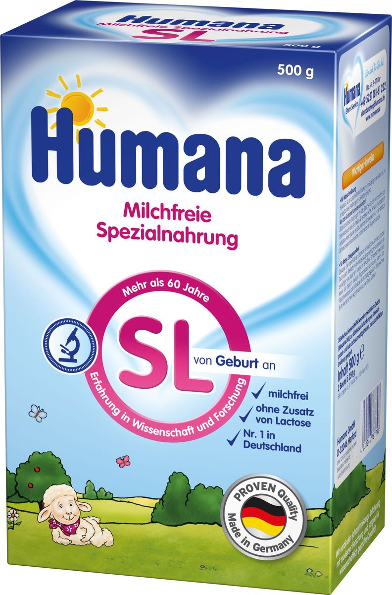 Humana СЛ безмолочная безлактозная смесь, 500 г78779 Humana СЛ безмолочная безлактозная смесь, 500 г78779Humana СЛ на основе белков сои с рождения - это лечебное питание на основе изолята соевого белка. Не содержит ГМО. Не содержит белков коровьего молока, лактозы, галактозы, глютена. Подходит для детей с рождения. При наличии у ребенка аллергии и непереносимости белка коровьего молока важной задачей является полное исключение коровьего молока из питания ребенка на достаточно продолжительное время. Лучшим советом, который можно дать матери при наличии у ребенка непереносимости белка коровьего молока, является поддержка грудного вскармливания. В тех случаях, когда грудное вскармливание не представляется возможным, Humana предлагает хорошую альтернативу - заменитель Humana СЛ на основе изолята соевого белка, которая содержит все необходимые для роста и развития ребенка незаменимые нутриенты.