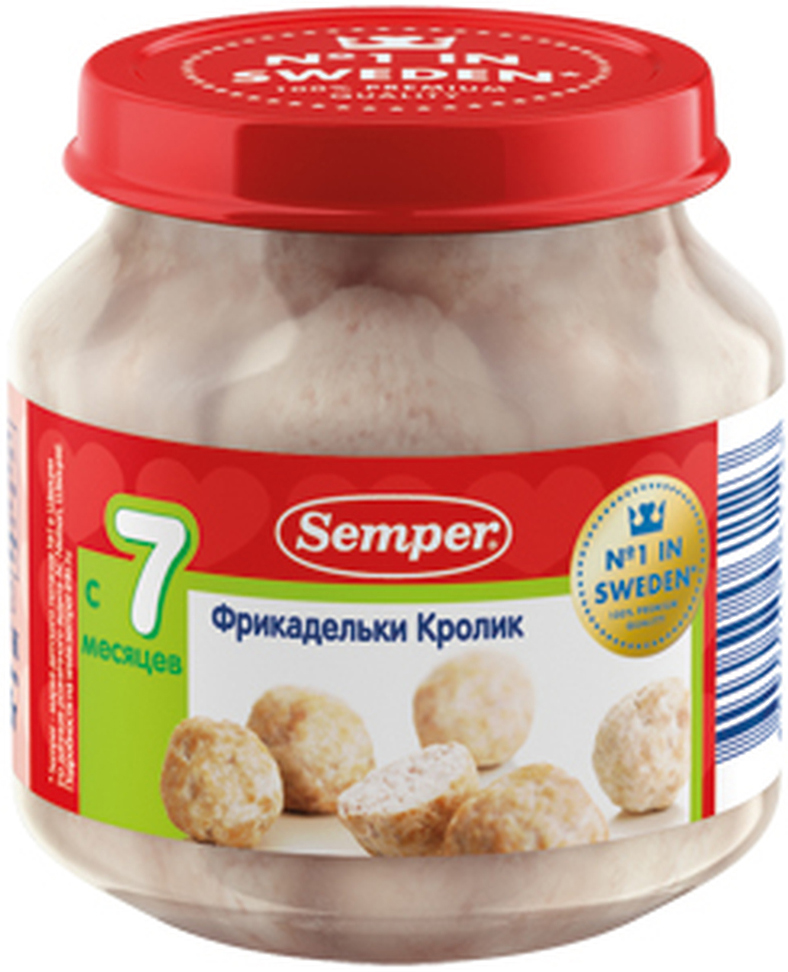 Semper фрикадельки кролик, с 7 месяцев, 125 г32764 Semper фрикадельки кролик, с 7 месяцев, 125 г32764Наше специальное предложение для маленьких гурманов — фрикадельки из кролика. Знакомство с мясом лучше всего начинать с нежных диетических сортов, одним из которых является кролик. Мясо кролика — это уникальный гипоаллергенный диетический продукт, который усваивается на 96%. Нежные, воздушные по консистенции фрикадельки в сочетании с цветной капустой, брокколи или другими овощными пюре Semper станут прекрасным обеденным блюдом для вашего малыша.