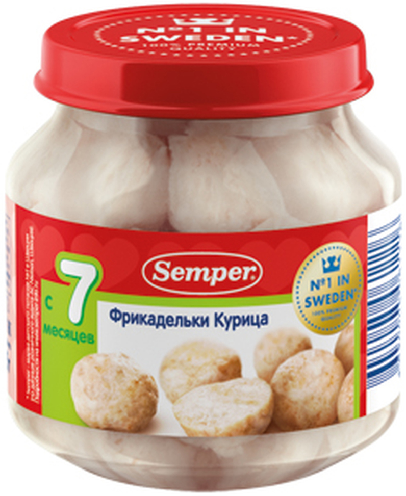 Semper фрикадельки курица, с 7 месяцев, 125 г32761 Semper фрикадельки курица, с 7 месяцев, 125 г32761Наше специальное предложение для маленьких гурманов — настоящие шведские фрикадельки из курицы. Это блюдо представляет собой нежное куриное белое мясо однородной консистенции, сформированное в виде сочных фрикаделек, которые при необходимости можно легко размять вилкой. Аминокислотный состав куриного мяса считается очень ценным, ведь растущий ребёнок так нуждается в полноценном белке! Куриные фрикадельки прекрасно сочетаются со всеми овощными пюре Semper, которые можно использовать в качестве гарнира.