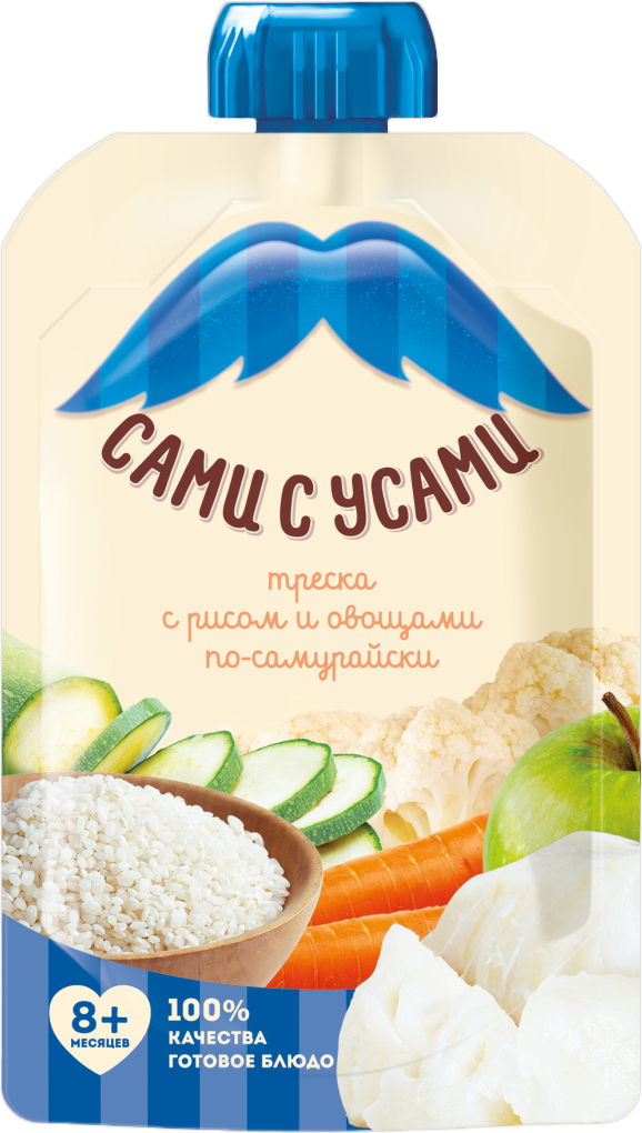 Сами с усами пюре треска с рисом и овощами по-самурайски, с 8 месяцев, 100 г76006486 Сами с усами пюре треска с рисом и овощами по-самурайски, с 8 месяцев, 100 г76006486Вкусный, здоровый продукт и отличный источник энергии. Особенности:В треске в высокой концентрации и легкоусвояемой форме содержатся жизненно важные витамины и химические элементы, активизирующие работу головного мозга.Она является хорошим источником протеинов, содержит большое количество витамина В12 и селена. Рис полезен детям, в отличие от пшеницы он не содержит глютена, который часто является аллергеном. Рисовая крупа легко переваривается и усваивается из-за низкого содержания клетчатки, она богата витаминами группы В и калием. Овощи прекрасно дополняют рыбное пюре и имеют замечательные вкусовые качества.Продукт стерилизован и асептически упакован.Удобная упаковка-непроливайка.