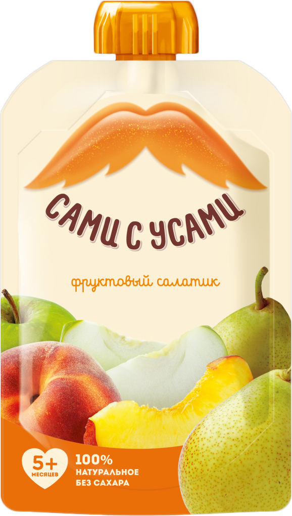 Сами с усами пюре фруктовый салатик, с 5 месяцев,100 г76006469 Сами с усами пюре фруктовый салатик, с 5 месяцев,100 г76006469Вкусным и сочным ассорти из фруктов можно радовать малыша уже с 5 месяцев. Яблоко, персик и груша наполнят организм ребенка витаминами и микроэлементами. Яблоко насыщено витаминами A, C, P, E и B, богато железом, клетчаткой, марганцем, медью и растительными антибиотиками-фитонцидами. Такое сочетание полезных веществ делает яблоки необходимым продуктом для повышения иммунитета и укрепления всех функций организма ребёнка. Персик содержит витамины А, В1, В2, В5, В6, С, Е, Н, бета-каротин, фолиевую кислоту, РР, которые поддерживают иммунитет в состоянии боевой готовности. Микро- и макроэлементы, содержащиеся в персике, повышают работоспособность, укрепляют сердечно-сосудистую систему, улучшают настроение, память, работу мозга. Груша – ценный источник органических кислот и пищевых волокон. Груша содержит витамины С, Р и каротин. Помимо таких микроэлементов как кальций, фосфор, калий, груша особенно богата цинком. Высокое содержание фолиевой кислоты улучшает кроветворение, что особенно важно для малышей. Также все компоненты фруктового пюре благоприятно воздействуют на пищеварительную систему в целом и помогают ему расти здоровым. Пюре в пауче удобно брать с собой на улицу, в гости или в дорогу.Особенности:100% натуральное.Безопасная упаковка без BPA.Развитие самостоятельности и моторики рук малыша.Отличное дополнение к готовым блюдам в виде гарнира или соуса.Удобство всегда и везде.Без сахара и крахмала.Без красителей, консервантов, искусственных добавок и ГМО.