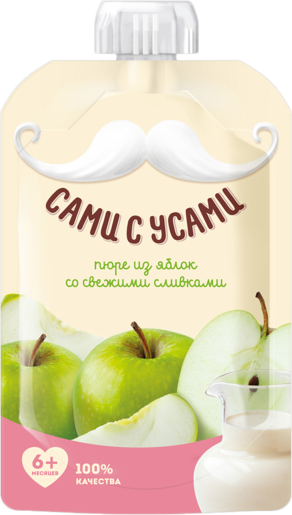 Сами с усами пюре яблоко сливки, с 6 месяцев, 100 г76006501 Сами с усами пюре яблоко сливки, с 6 месяцев, 100 г76006501Аппетитное яблочное пюре со сливками станет любимым лакомством малыша. Готовится из зеленых яблок, что снижает риск развития пищевой аллергии. Органические кислоты, поступающие в организм ребенка вместе с легким яблочным пюре, имеют особое значение для детей первого года жизни. Сочные яблоки, которые использовались для приготовления пюре, содержат множество витаминов и полезных микроэлементов. Яблочный пектин регулирует деятельность кишечника, выводит из организма токсины, оказывает противомикробное действие. Железо необходимо для профилактики анемии, а витамин С укрепляет иммунитет. Сочетание фруктов и сливок придают пюре очень нежный вкус. Сливки богаты жирорастворимым витамином А, витаминами группы В, РР и С , железом и содержат большое количество легкоусвояемого молочного жира, что особенно важно для питания детей, отстающих в весе и с плохим аппетитом. Пюре в пауче удобно брать с собой на улицу, в гости или в дорогу.Особенности:100% качества.Безопасная упаковка без BPA.Развитие самостоятельности и моторики рук малыша.Удобство всегда и везде.Без крахмала.Без красителей, консервантов, искусственных добавок и ГМО.