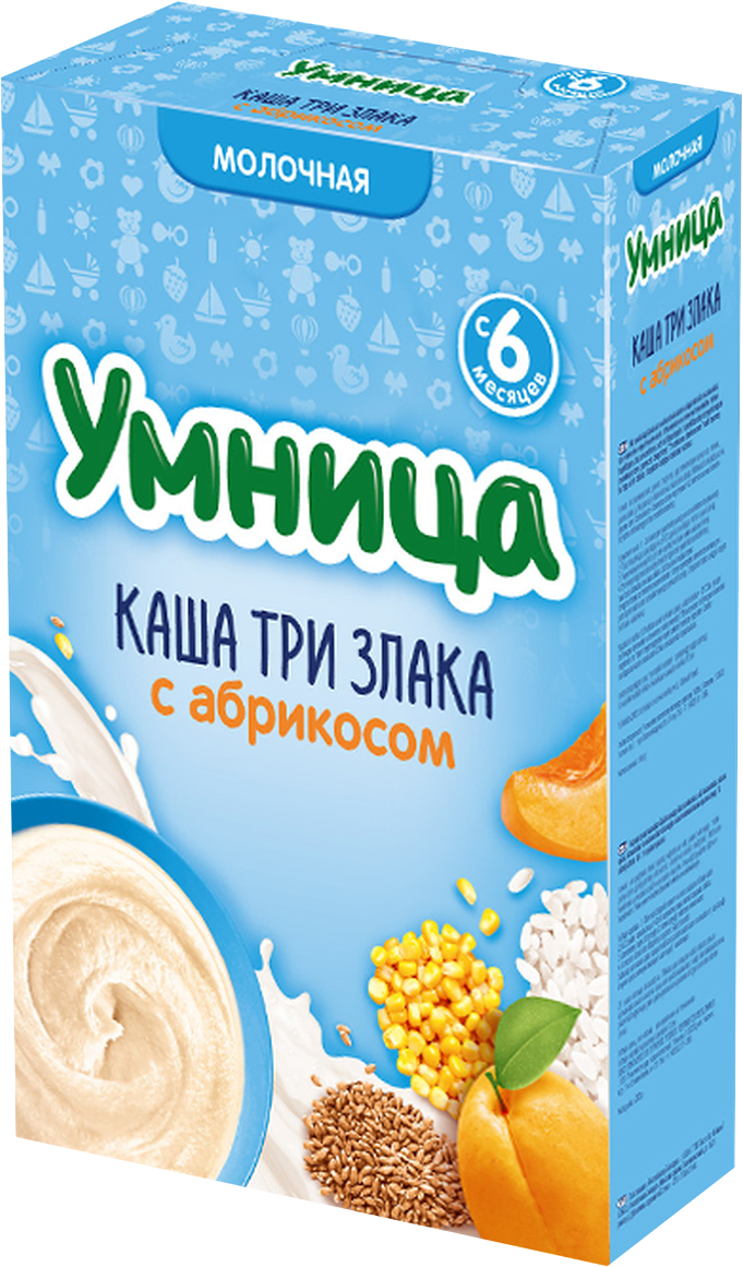 Умница каша Три злака с абрикосом молочная, с 6 месяцев, 200 г76006430 Умница каша Три злака с абрикосом молочная, с 6 месяцев, 200 г76006430Каша состоит из трех злаков: мука рисовая, пшеничная, кукурузная. Благодаря высокой технологии обработки злаков каша легко усваивается и переваривается. Рис хорошо усваивается из-за низкого содержания клетчатки, обволакивает желудок. Кукуруза содержит легкоусвояемые углеводы, витамины и полезные вещества. Пшеница укрепляет иммунитет, благодаря содержанию в ней клетчатки, стимулирует работу ЖКТ. Абрикос полезен детям для роста, поскольку в нем много каротина. В плодах абрикоса содержится большое количество флавоноидов, способствующих укреплению стенок кровеносных сосудов.Особенности:13 витаминов + Zn, Fe, I и Ca.