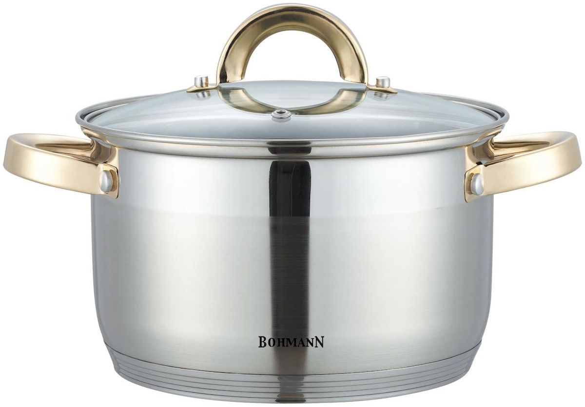 Кастрюля Bohmann, с крышкой, 5 л. 1422BHG1422BHG Кастрюля Bohmann, с крышкой, 5 л. 1422BHG1422BHGКастрюля Bohmann изготовлена из высококачественной нержавеющей стали с внешней матовой и внутренней зеркальной полировкой. Нержавеющая сталь обладает высокой стойкостью к коррозии и кислотам. Прочность, долговечность и надежность этого материала, а также первоклассная обработка обеспечивают практически неограниченный запас прочности и неизменно привлекательный внешний вид. Кастрюля имеет многослойное капсульное дно с алюминиевым основанием, которое быстро и равномерно накапливает тепло и так же равномерно передает его пище. Капсульное дно позволяет готовить блюда с минимальным количеством воды и жира, сохраняя при этом вкусовые и питательные свойства продуктов. Применение технологии многослойного дна создает эффект удержания тепла - пища готовится и после отключения плиты благодаря термоаккумулирующим свойствам посуды. Посуда оснащена удобными металлическими ручками. Крышка выполнена из жаропрочного стекла, снабжена металлическим ободом и отверстием для выпуска пара. Внутренние стенки дополнены отметками литража. Можно использовать на газовых, электрических, галогеновых, стеклокерамических, индукционных плитах. Можно мыть в посудомоечной машине.Размеры: 22 х 13,5 см.