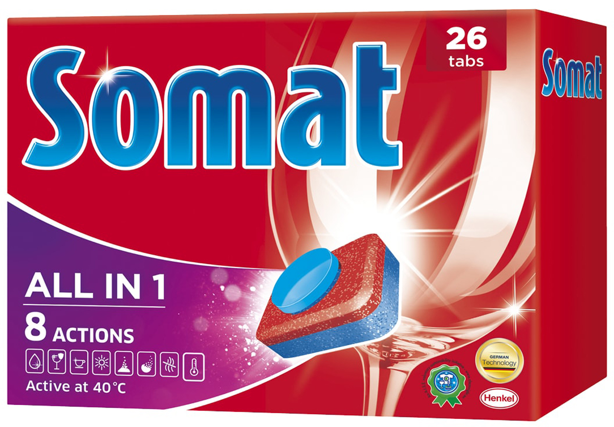 Таблетки для посудомоечной машины Somat All in 1, 26 шт935248 Таблетки для посудомоечной машины Somat All in 1, 26 шт935248Сомат Все-в-1 с активной формулой обеспечивает кристальную чистоту и сияющий блеск вашей посуде и включает следующие функции:Очиститель - для великолепной чистоты.Функция ополаскивателя - для сияющего блеска.Функция соли - для защиты посуды и стекла от известкового налета.Удаление пятен от чая.Защита посудомоечной машины против известковых отложений.Функция замачивания - эффективен как при замачиванииАктивная формула Пауэр Бустер помогает устранить засохшие остатки пищи.