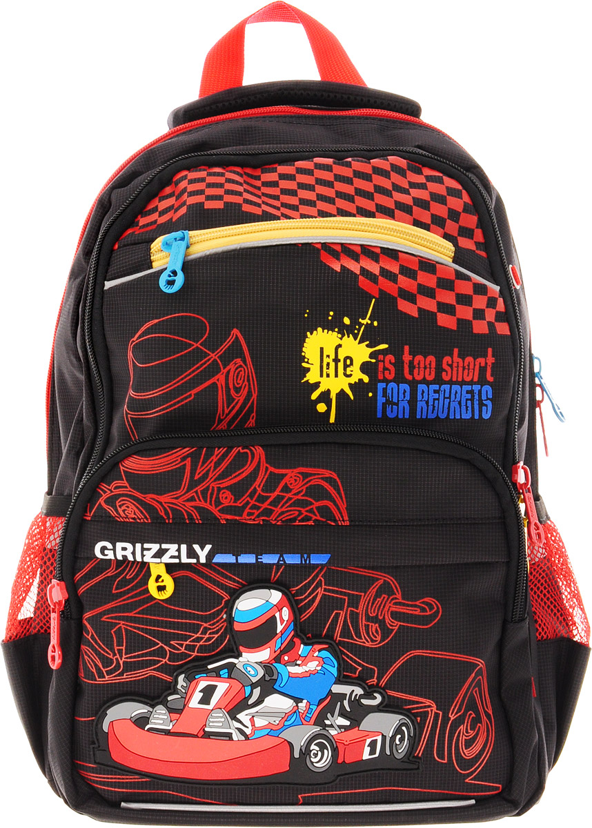 Grizzly Рюкзак цвет черный красный RB-732-2/1RB-732-2/1 Grizzly Рюкзак цвет черный красный RB-732-2/1RB-732-2/1Рюкзак Grizzly выполнен из плотного материала - нейлона и оформлен оригинальным изображением.Рюкзак имеет два основных отделения, закрывающихся на застежки-молнии с двумя бегунками. Внутри большого отделения расположен накладной открытый карман, во втором отделении карманов нет.На лицевой стороне рюкзака находятся три кармана на молниях. По бокам изделия располагаются два кармана с сеткой на резинках. Рюкзак оснащен удобной текстильной ручкой для переноски в руке, петлей для подвешивания и светоотражающими вставками.Спинка дополнена эргономичными воздухопроницаемыми подушечками, которые обеспечивают удобство и комфорт при носке. Мягкие анатомические лямки регулируются по длине.Многофункциональный школьный рюкзак станет незаменимым спутником вашего ребенка в походах за знаниями.