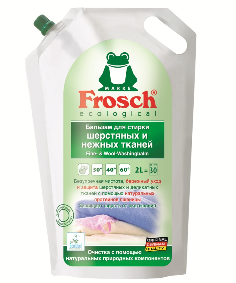 Бальзам Frosch для стирки шерстяных и нежных тканей, 2 л102198 Бальзам Frosch для стирки шерстяных и нежных тканей, 2 л102198Бальзам Frosch предназначен для стирки деликатных тканей. Он идеально подходит для стирки шерсти, вискозы, шелка, синтетических тканей при температуре от 30° до 60° С. Его также можно применять для предварительно обработки пятен. Бальзам обновляет цвет. Средство подходит как для ручной, так и для машиной стирки.Торговая марка Frosch специализируется на выпуске экологически чистой бытовой химии. Для изготовления своей продукции Frosch использует натуральные природные компоненты. Ассортимент содержит все необходимое для бережного ухода за домом и вещами. Эффективно удаляет загрязнения, оберегает кожу рук и безопасна для окружающей среды. Товар сертифицирован. Состав: 5-15% неионогенные ПАВ, менее 5% анионные ПАВ, мыло, энзимы (протеаза, амилаза, целлюлоза), ароматизирующие добавки, протеины пшеницы, ингибитор переноса красителя.Уважаемые клиенты! Обращаем ваше внимание на возможные изменения в дизайне упаковки. Качественные характеристики товара остаются неизменными. Поставка осуществляется в зависимости от наличия на складе.