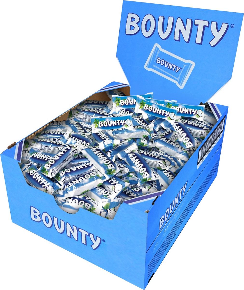 Bounty Minis шоколадный батончик, 3 кг0079007036 Bounty Minis шоколадный батончик, 3 кг0079007036Bounty - это нежнейшая мякоть кокоса, покрытая молочным шоколадом, изготовленным из отборных ингредиентов. Съешь Bounty и представь, что находишься на тропическом острове, забудь заботы и тревоги, получи райское наслаждение.