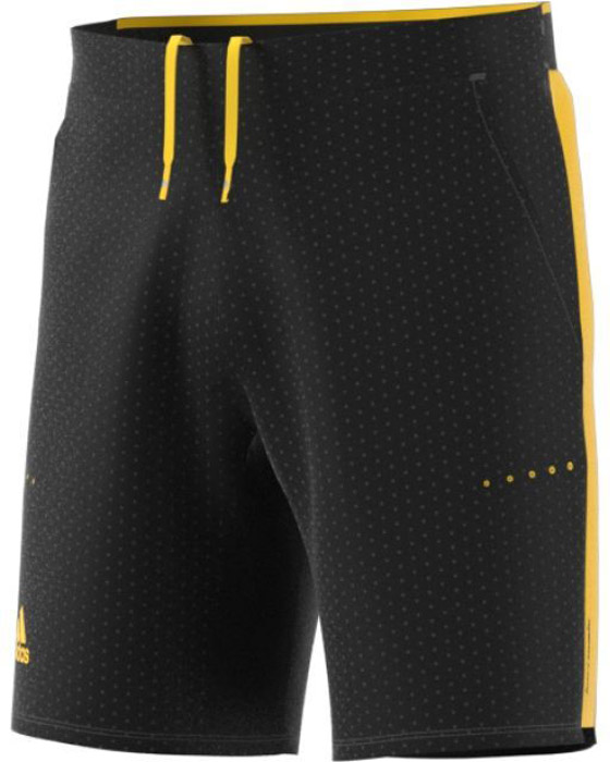 Шорты для тенниса мужские Adidas Bar. Wv Short, цвет: черный, желтый. BQ4905. Размер L (52/54)BQ4905 Шорты для тенниса мужские Adidas Bar. Wv Short, цвет: черный, желтый. BQ4905. Размер L (52/54)BQ4905Мужские теннисные шорты Adidas Bar. Wv Short прекрасно подойдут для жаркой погоды. Они изготовлены из полиэстера с добавлением эластана. Сетчатые вставки обеспечивают дополнительную вентиляцию. Эластичная ткань с контрастными, обработанными лазером отверстиями по бокам создает яркий и стильный образ. Технология climacool сохраняет приятные ощущения прохлады и свежести. Модель дополнена на поясе эластичной резинкойсо скрытым шнурком.