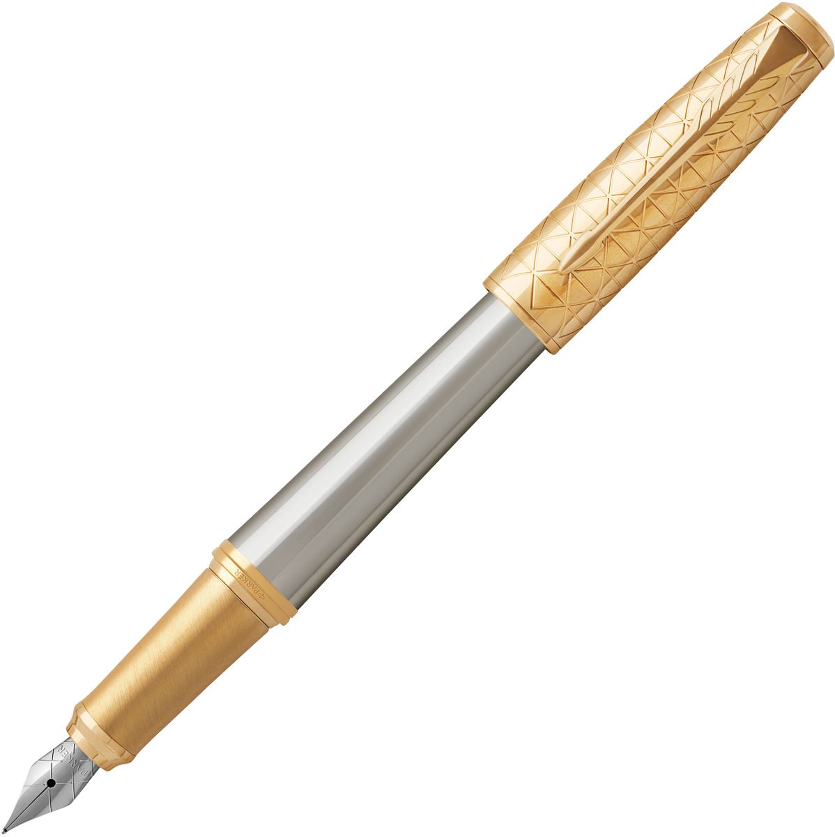 Parker Ручка перьевая Urban Premium Aureate GTPARKER-1931571 Parker Ручка перьевая Urban Premium Aureate GTPARKER-1931571Материал корпуса: Анодированный алюминий серебристого цвета, колпачок и зона захвата- латунь с позолотой.Покрытие корпуса: серый анодированный алюминий, ассиметричный гравированный рисунок.Материал отделки деталей корпуса: позолоченные элементы (зона захвата, колпачок).Перо: Нержавеющая сталь.Способ подачи стержня: колпачок.Вложение: 1 синий картридж.Сделано в Китае.Аналог PARKER-1906852