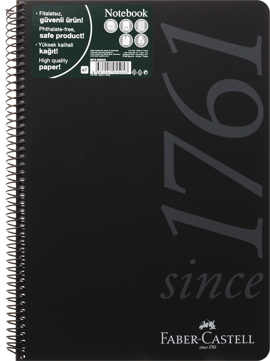 Faber-Castell Блокнот Since 1761 100 листов в линейку цвет черный507040_черный Faber-Castell Блокнот Since 1761 100 листов в линейку цвет черный507040_черныйОригинальный блокнот Faber-Castell Since 1761 в твердой пластиковой обложке подойдет для памятных записей, любимых стихов и многого другого.Внутренний блок состоит из 100 листов в линейку. Блокнот скреплен спиралью. Такой блокнот станет вашим верным помощником,а также отличным подарком для в близких и друзей.