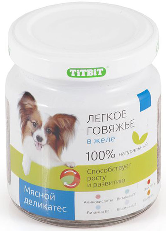 Консервы Titbit для собак, легкое говяжье в желе, 100 г003718 Консервы Titbit для собак, легкое говяжье в желе, 100 г003718Консервы мясные для собак Легкое говяжье в желе очень вкусны, малокалорийны и замечательно усваиваются организмом. Легкие содержат практически такой же набор витаминов, как и мясо, но зато гораздо менее жирные. Оказывают положительное воздействие на состояние кожи, шерсти и общий обмен веществ.Состав: легкое говяжье, вода, желеобразователь, сладкий перец, лук, морковь, морская капуста.