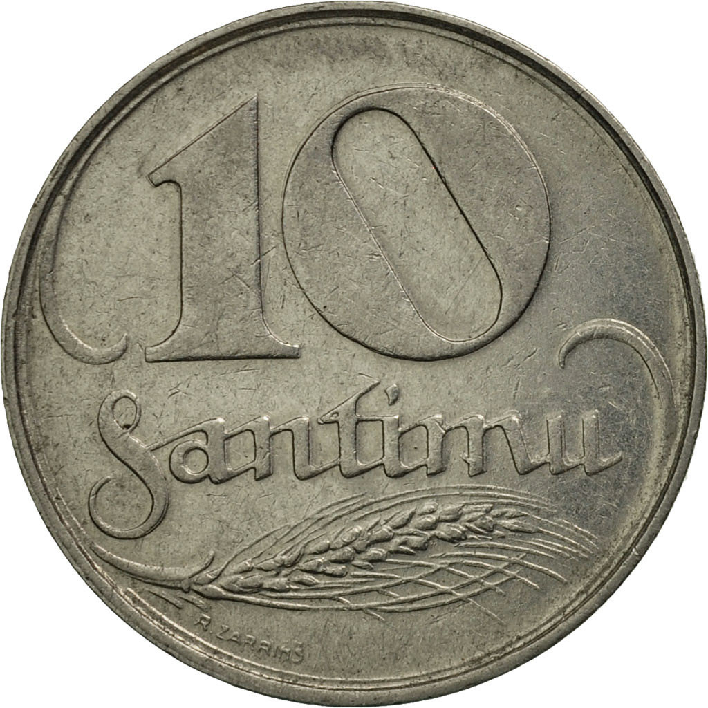 Монета номиналом 10 сантимов. Латвия, 1922 год