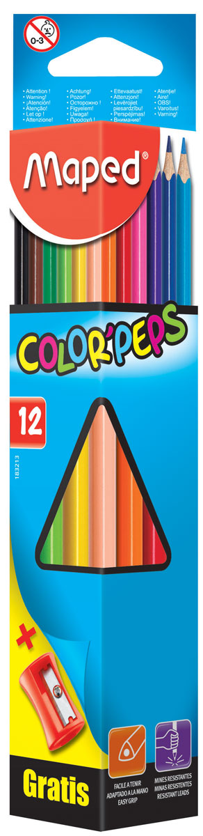 Maped Набор цветных карандашей Colorpeps 12 цветов + точилка183213 Maped Набор цветных карандашей Colorpeps 12 цветов + точилка183213Набор цветных карандашей Maped Colorpeps поможет создать чудные картины вашему юному художнику.Карандаши изготовлены из древесины американской липы. Мягкий грифель карандаша легко рисует на бумаге и не царапает ее, устойчив к механическим деформациям и легко затачивается. Трехгранный корпус изготовлен из натуральной древесины и покрыт лаком на водной основе.В набор входят 12 цветных карандашей. С таким набором будет интересно рисовать не только вашему малышу, но и вам.