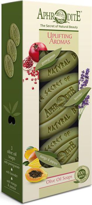 Aphrodite Набор мыла оливкового Бодрящие ароматы: с гранатом, лавандой, с манго и папайей, 3 х 255 гZ-3C Aphrodite Набор мыла оливкового Бодрящие ароматы: с гранатом, лавандой, с манго и папайей, 3 х 255 гZ-3CВ подарочный набор Бодрящие ароматы от Aphrodite входят виды мыла, вобравшие в себя все ценные свойства оливкового масла и натуральных природных компонентов.Оливковое мыло с экстрактом граната обладает омолаживающим и антиоксидантным действием. Прекрасно подходит для сухой и зрелой кожи.Оливковое мыло с лавандой снимает напряжение и успокаивает, обладает противовоспалительными свойствами. Оно незаменимо при уходе за жирной, комбинированной и проблемной кожей.Оливковое мыло с манго и папайей манит вкусным экзотическим составом и ароматом. Оно обладает увлажняющими свойствами, отлично очищает кожу и делает ее нежной и шелковистой.Набор мыла создан для ценителей натуральных, здоровых продуктов.