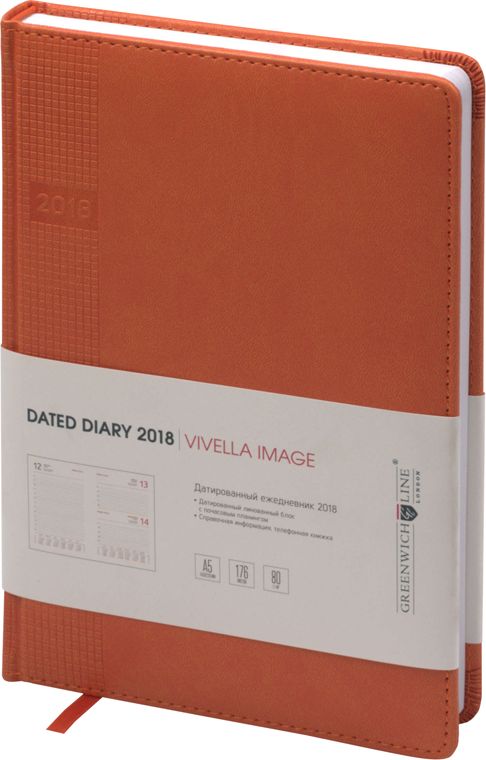 Greenwich Line Ежедневник Vivella Image 2018 датированный 176 листов цвет оранжевый формат A5EDA5-10933 Greenwich Line Ежедневник Vivella Image 2018 датированный 176 листов цвет оранжевый формат A5EDA5-10933Изделия из коллекции Greenwich Line Vivella Image изготовлены из высококачественного кожзаменителя с мягкой гладкой матовой поверхностью. Ежедневник датированный формата А5 (150 х 215 мм) с обложкой с поролоновой прослойкой и прострочкой по периметру. Имиджевое тиснение на обложке. Высококачественная белая бумага повышенной плотности 80 г/м2, пантонная печать блока в 2 краски, справочный материал, географические карты на форзацах. Перфорированные уголки блока. Закладка-ляссе.