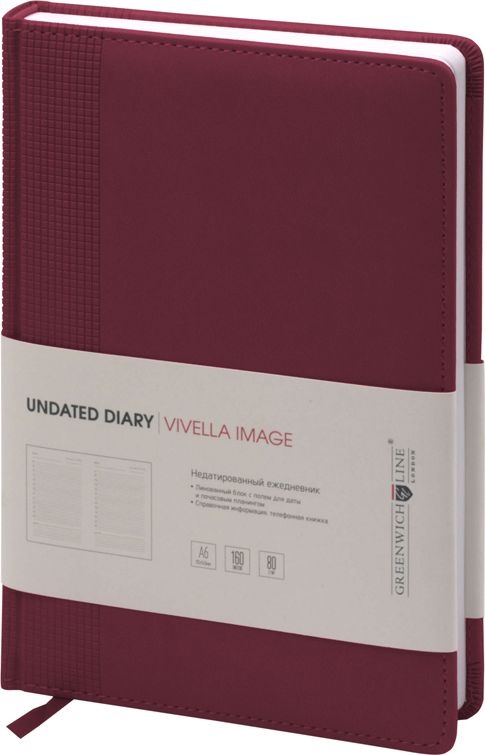 Greenwich Line Ежедневник Vivella Image недатированный 160 листов цвет бордовый формат A6ENA6-10979 Greenwich Line Ежедневник Vivella Image недатированный 160 листов цвет бордовый формат A6ENA6-10979Ежедневник Greenwich Line Vivella Image изготовлен из высококачественного кожзаменителя с мягкой гладкой матовой поверхностью. Ежедневник недатированный формата А6 с обложкой с поролоновой прослойкой и прострочкой по периметру. Имиджевое тиснение на обложке. Внутренний блок из 160 листов высококачественной белой бумаги, пантонная печать блока в 2 краски. ежедневник имеет справочный материал, географические карты на форзацах, перфорированные уголки блока и 2 закладки-ляссе.