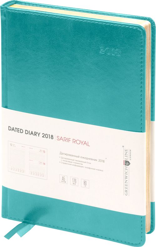 Greenwich Line Ежедневник Sarif Royal 2018 датированный 176 листов цвет бирюзовый формат A5EDA5CR-11033 Greenwich Line Ежедневник Sarif Royal 2018 датированный 176 листов цвет бирюзовый формат A5EDA5CR-11033Ежедневник Greenwich Line Sarif Royal изготовлен из глянцевого рельефного кожзаменителя, имитирующего кожу первоклассной выделки. Ежедневник датированный формата А5 с обложкой с поролоновой прослойкой и прострочкой по периметру. Золотой фольгированный срез блока. Внутренний блок из 176 листов высококачественной белой бумаги, пантонная печать блока в 2 краски. ежедневник имеет справочный материал, географические карты на форзацах, перфорированные уголки блока и 2 закладки-ляссе.