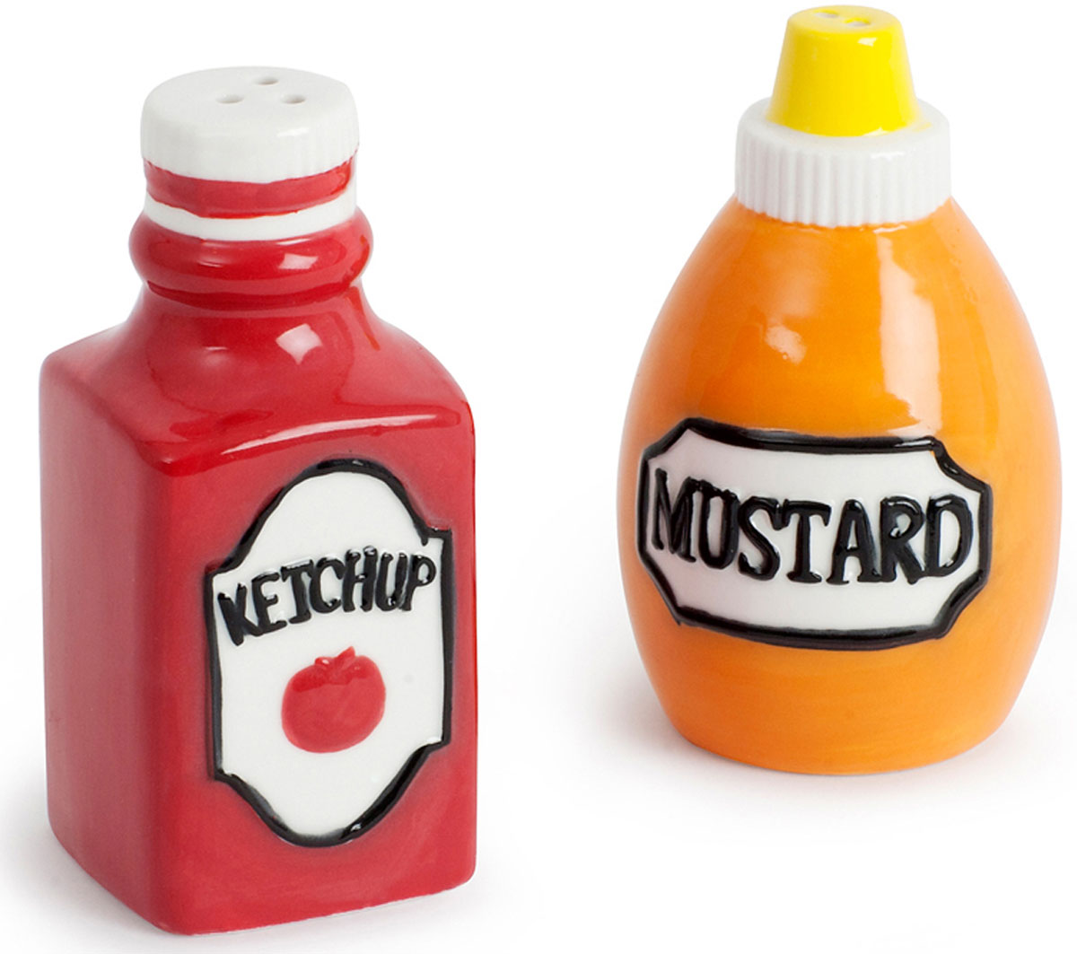 Набор для специй Balvi Ketchup & Mustard, цвет: красный, 2 предмета25603 Набор для специй Balvi Ketchup & Mustard, цвет: красный, 2 предмета25603Разнообразить кухонную атмосферу помогут необычные емкости для соли и перца Ketchup & Mustard. Солонка и перечница выглядят как бутылочки из-под кетчупа и горчицы. Обе емкости для приправ изготовлены из качественной керамики и разукрашены в яркие тона. Солонка и перечница оснащены специальным дозатором, так что пользоваться ими очень удобно и просто.- Великолепный и креативный подход к созданию дизайна обыденных вещей.- Солонка и перечница изготовлены из качественной керамики.- Прекрасно впишутся в интерьер любой кухни.
