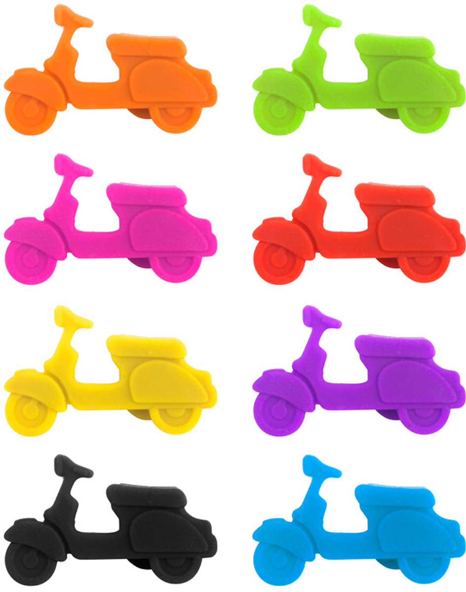 Маркеры для бокалов Balvi Scooter, 8 шт25896 Маркеры для бокалов Balvi Scooter, 8 шт25896Маркеры для бокалов Scooter помогут гостям не потерять свой любимый напиток среди множества других. Эти яркие силиконовые маркеры в виде скутеров крепятся на поверхность бокалов с помощью маленьких присосок. Их легко крепить к стеклянной поверхности, быстро снимать и удобно мыть. Плюс ко всему, силиконовая структура маркеров сохранит их целостность на долгое время. Так что маркеры Scooter можно использовать множество раз.- Позитивный и веселый дизайн в форме скутеров.- Маркеры выполнены из качественного силикона.- В комплекте 8 разноцветных маркеров.