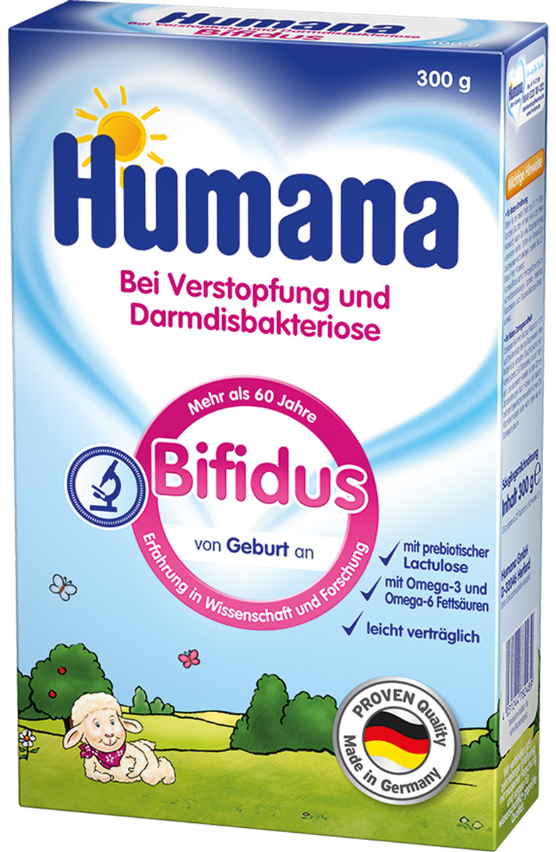 Humana Бифидус сухая быстрорастворимая адаптированная молочная смесь, 300 г78248 Humana Бифидус сухая быстрорастворимая адаптированная молочная смесь, 300 г78248Humana Bifidus - адаптированная сухая молочная смесь с лактулозой для детей с рождения до 6 месяцев. Для лечебного и профилактического питания при запорах и дисбактериозе кишечника. По рекомендации врача может быть рекомендована как единственное питание или как замена нескольких кормлений в сутки (до нормализации консистенции и частоты стула).
