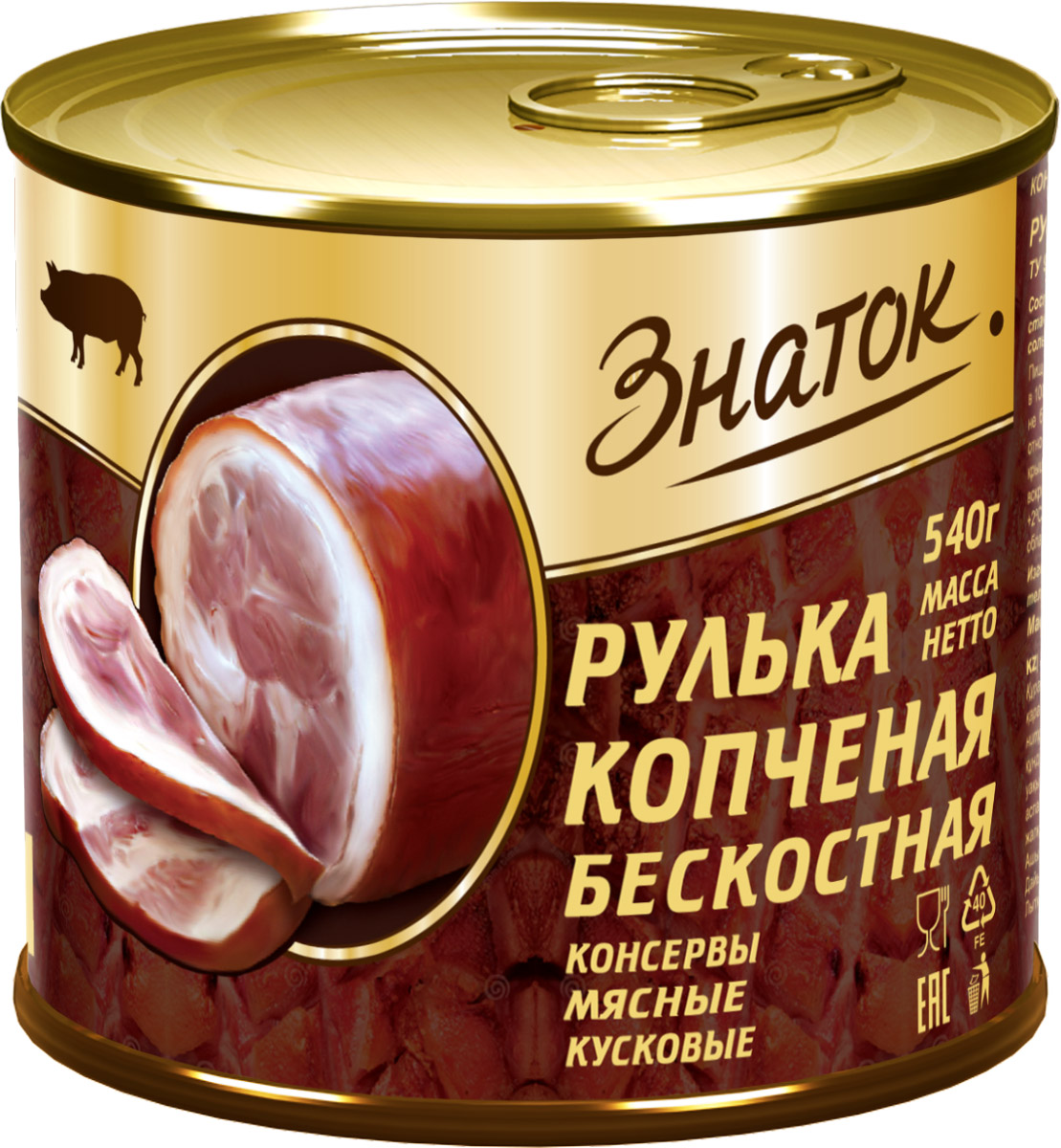 Знаток рулька копченая бескостная, 540 г00000040917 Знаток рулька копченая бескостная, 540 г00000040917Свиная копченая рулька – эксклюзивный продукт премиум-класса, аналогов которого нет на российском рынке. Рулька – это нижняя часть окорока, которая прилегает к коленному суставу. При производстве копченой рульки ТМ Знаток используется более мясистая, задняя часть. Мясное сырьё отбирается и закладывается ручным способом, что исключает попадание костных частей. Максимальная 99,9% закладка сырья. Для удобства потребителя используется только банка с ключом. Свиная копченая рулька ТМ Знаток – это очень ароматная и невероятно вкусная закуска!