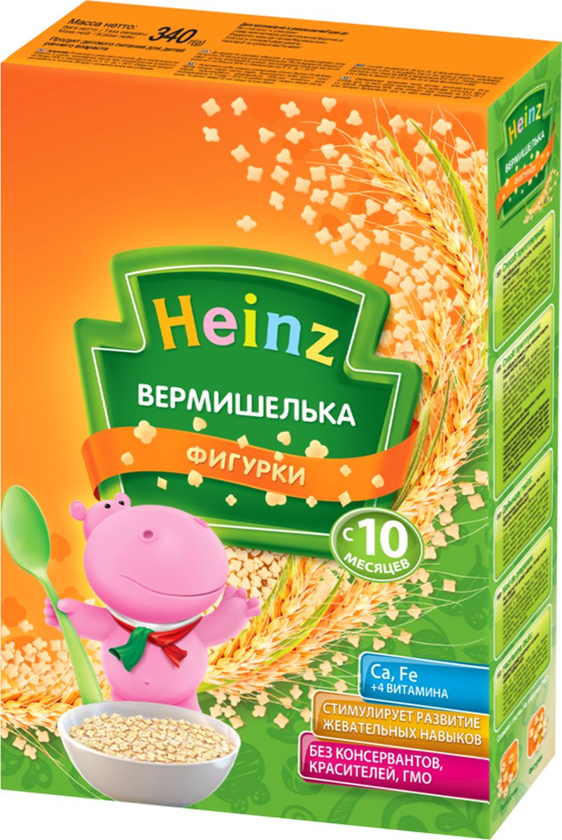 Heinz Вермишелька фигурки, с 10 месяцев, 340 г70148901 Heinz Вермишелька фигурки, с 10 месяцев, 340 г70148901Для детей старше 10 месяцев добавить 3 столовые ложки макаронных изделий в 250 мл кипящей воды или овощного бульона. Варить в течение 10-15 минут и откинуть на дуршлаг. Готовые макаронные изделия можно добавлять в пюре на мясной или овощной основе, или употреблять как самостоятельное блюдо, добавив растительное или сливочное масло.