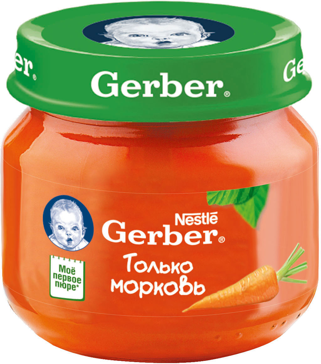 Gerber пюре морковь, 80 г12101674 Gerber пюре морковь, 80 г12101674Однокомпонентные овощные пюре Gerber идеально подходят для первого прикорма. Овощное пюре Gerber морковь - это первое знакомство малыша с разнообразием вкусов, приготовленное из натуральных овощей, богато клетчаткой, органическими кислотами, витаминами и минеральными веществами. Нежная консистенция помогает научиться глотать более густую пищу, а специальный способ производства пюре Gerber позволяет сохранить всю пользу натуральных овощей в каждой баночке. Без добавления крахмала, сахара. Изготовлено без использования генетически модифицированных ингредиентов, искусственных консервантов, красителей и ароматизаторов.Для принятия решения о сроках и способе введения данного продукта в рацион ребенка необходима консультация специалиста. Возрастные ограничения указаны на упаковке товаров в соответствии с законодательством РФ.