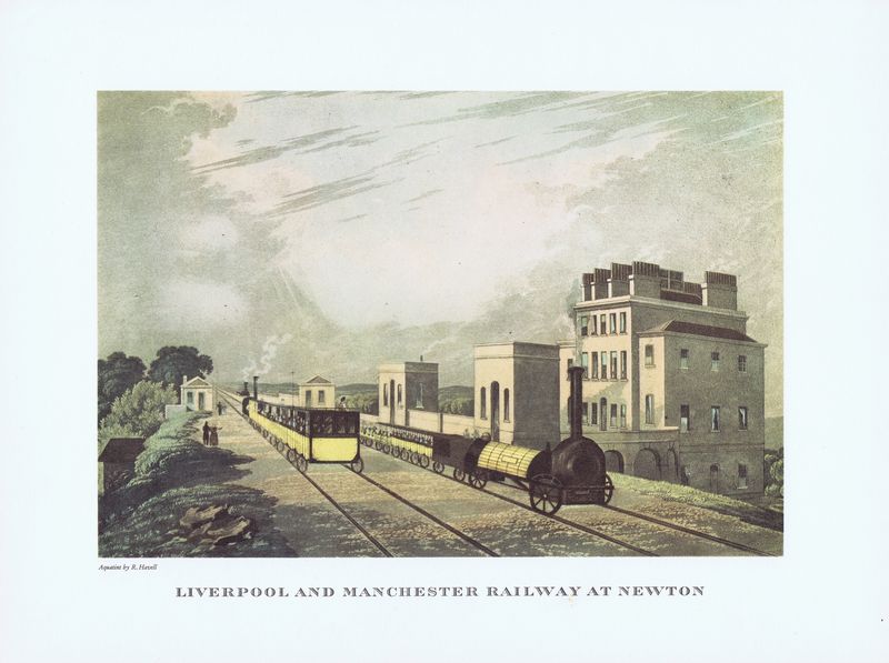Англия. Железная дорога Ливерпуль-Манчестер в Ньютоне. Офсетная литография. Англия, Лондон, 1965 год