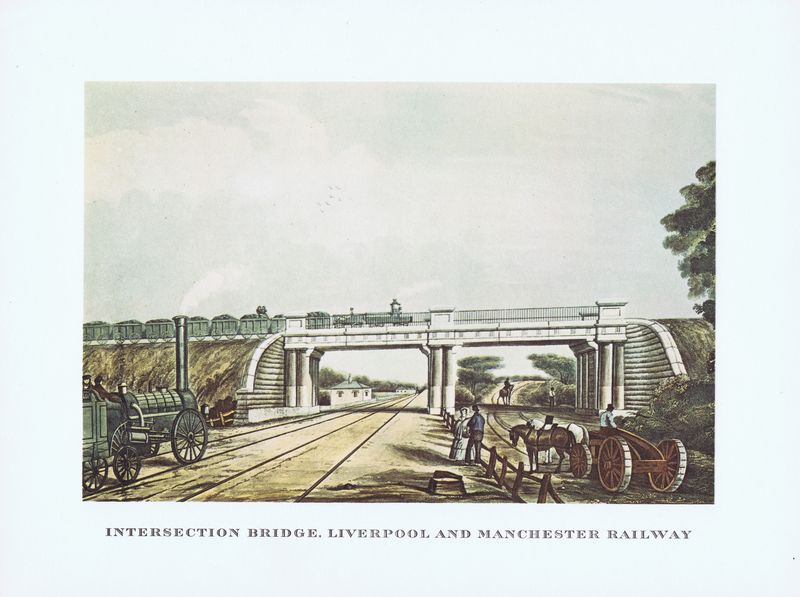 Англия. Железная дорога Ливерпуль-Манчестер. Пересечение с мостом. Офсетная литография. Англия, Лондон, 1965 год