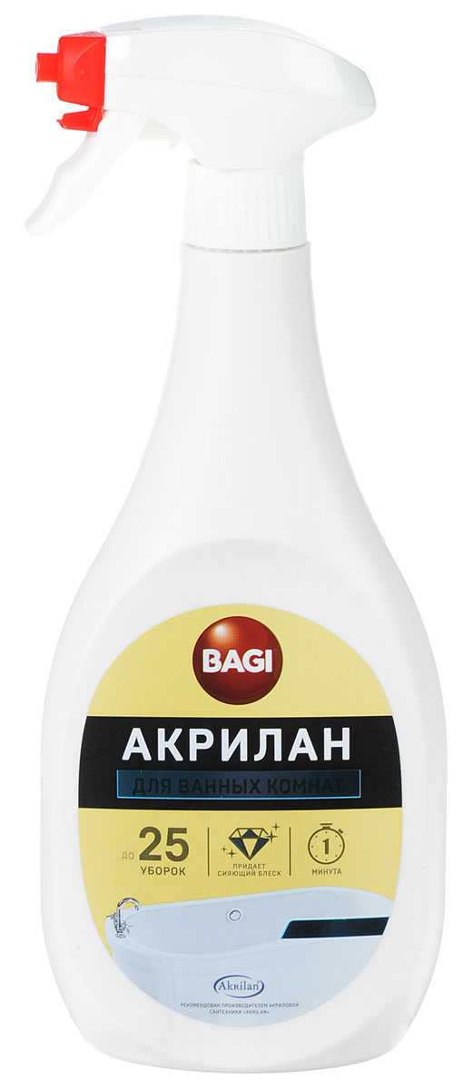 Средство для чистки и обновления эмалированных ванн Bagi Акрилан, 400 млB-208214-N Средство для чистки и обновления эмалированных ванн Bagi Акрилан, 400 млB-208214-NСредство Bagi Акрилан - это эффективное средство для основательной чистки и обновления душевых кабин, акриловых ванн, джакузи, бассейнов, применим для эмалированных ванн, раковин и керамики. Удаляет грязь, остатки мыла, известковый налет, ржавчину, застарелые пятна, плесень и грибок. Обновляет поверхность и придает ей блеск на долгое время. Предохраняет от образования известкового налета.Способ применения: нанести средство напрямую из пульверизатора или с помощью губки или тряпки, смоченной в воде, потереть и смыть водой.Меры предосторожности: препарат не годится для употребления в пищу. Хранить в недосягаемом для детей месте. В случае попадания в глаза, немедленно промыть проточной водой. Если вы проглотили средство, необходимо выпить воды и обратиться к врачу. Рекомендуется одевать перчатки при использовании средства. Не давать средству засохнуть до окончания чистки. Нельзя смешивать средство с другими средствами для мытья, кроме воды. Состав: специальные поверхностно-активные вещества с допустимым содержанием лимонной кислоты, ароматизатор.Товар сертифицирован.Уважаемые клиенты! Обращаем ваше внимание на возможные изменения в дизайне упаковки. Качественные характеристики товара остаются неизменными. Поставка осуществляется в зависимости от наличия на складе.
